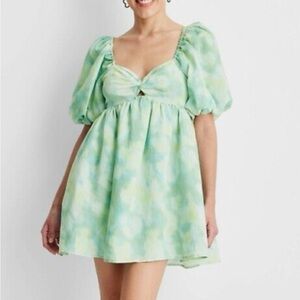 Green Tie-Dye Puff Short Sleeve With Pockets  Dress - Future Collective